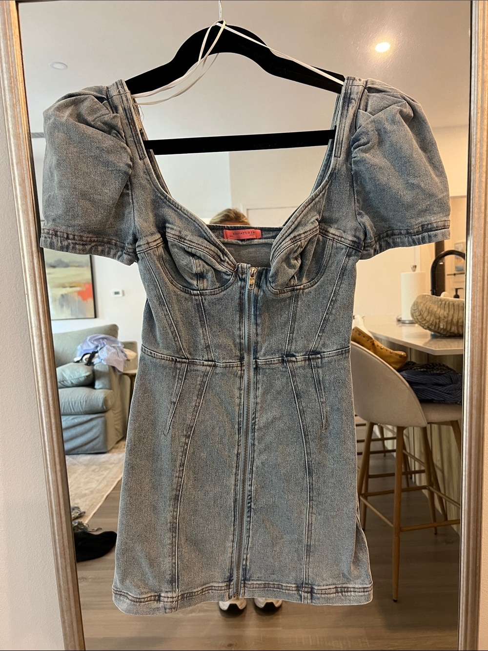 Denim Puff-Sleeve Mini Dress - Light Blue